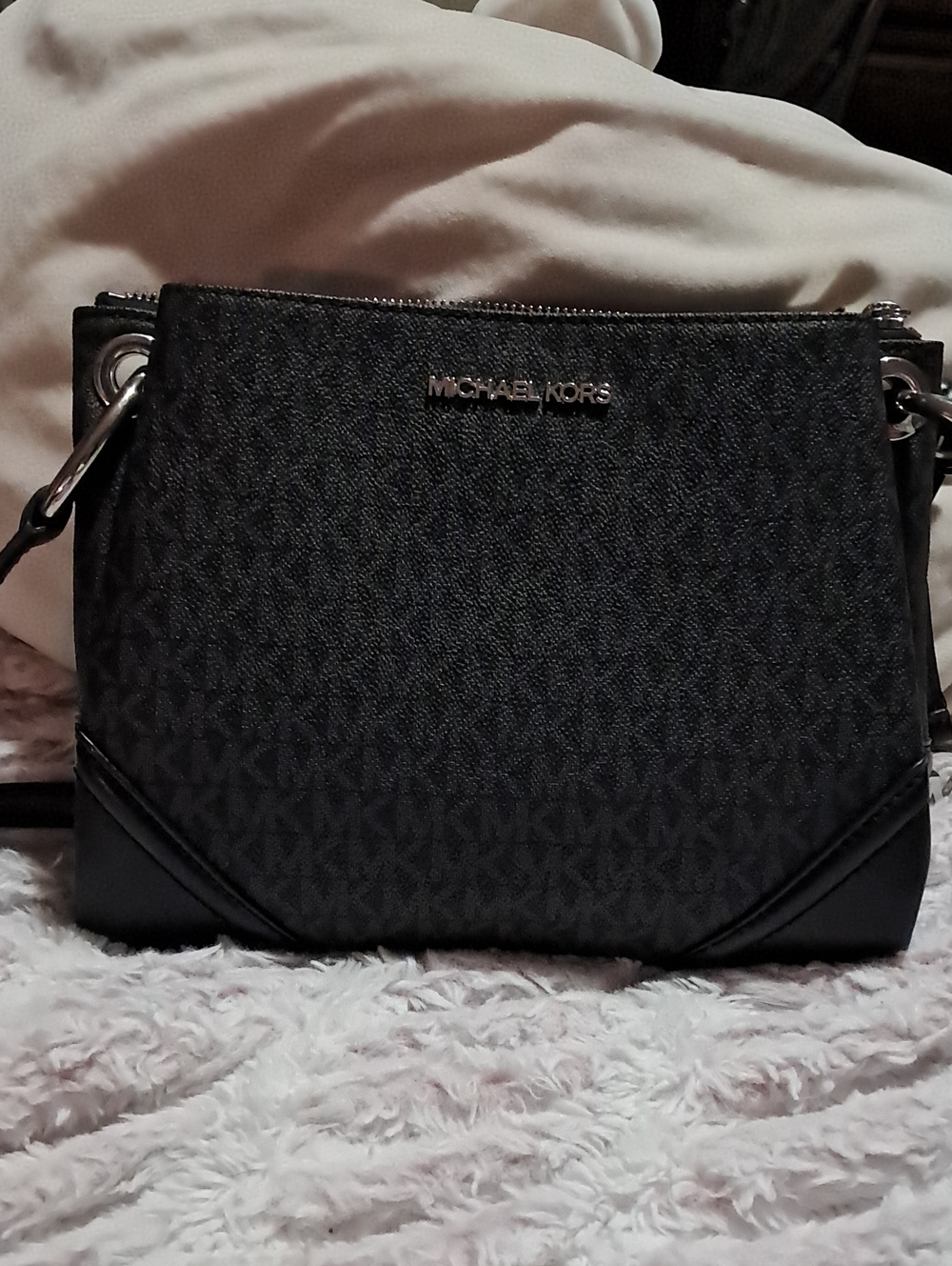 Michael Kors Black Signature MK Crossbody with Silver Hardware